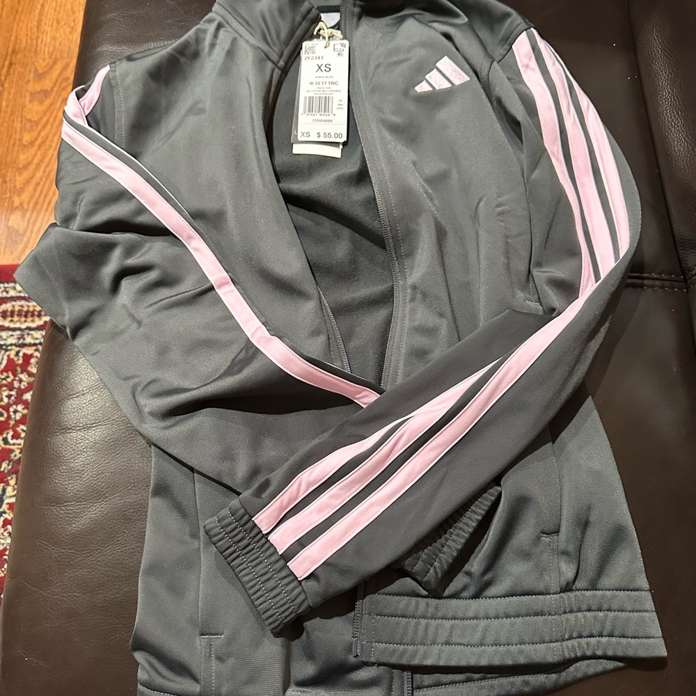 adidas Gray tracker Jacket with Pink Stripe Accents